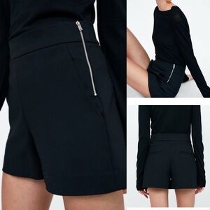 Zara Women's Black High Waist Tailored Shorts with Silver Side Zip | Size Medium